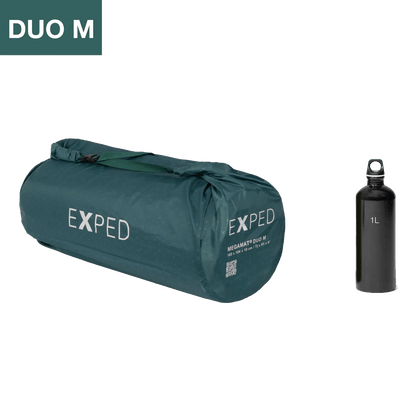 EXPED MEGAMAT DUO SLEEPING PAD - MEDIUM - CYPRESS packed up with a 1 L water bottle for reference