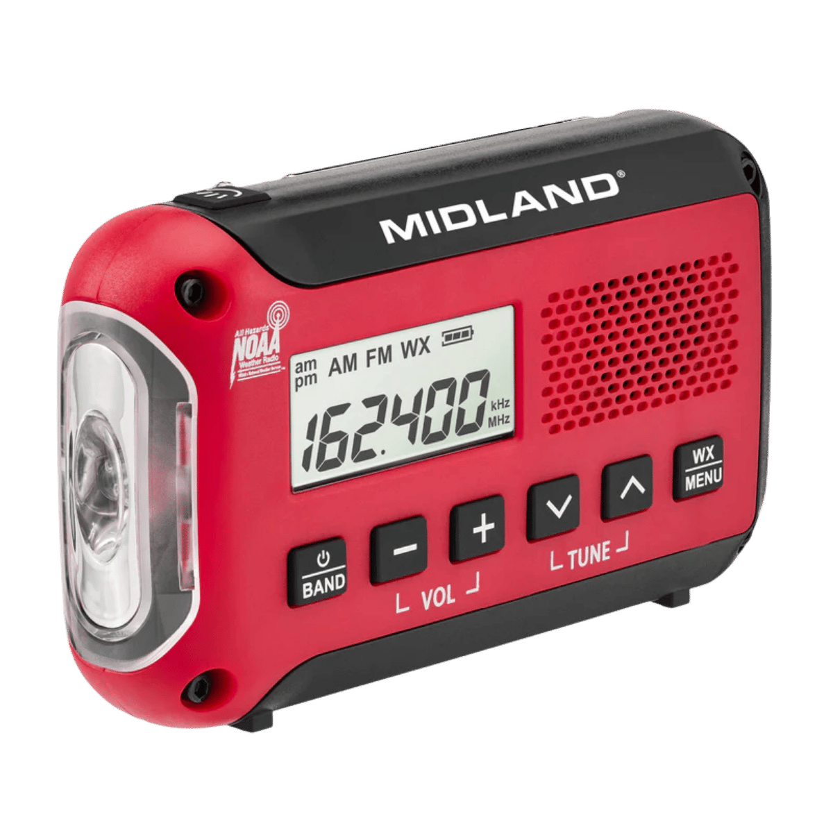 MIDLAND EMERGENCY WEATHER ALERT RADIO W/ BATT-  LEFT SIDE VIEW