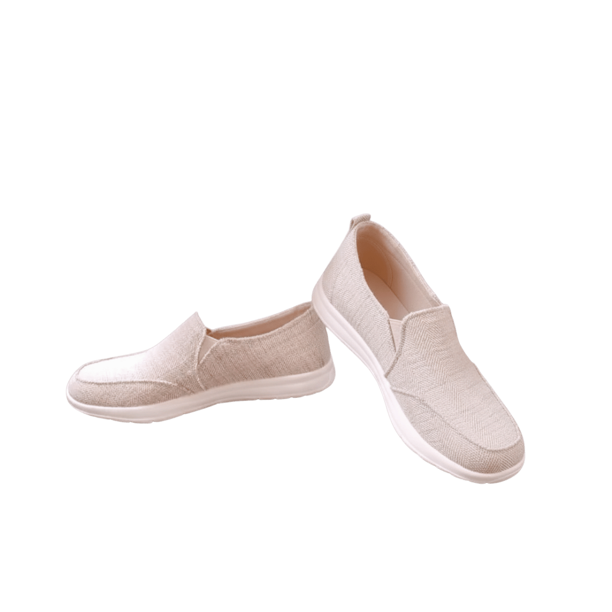 MINNETONKA WOMEN'S EXPANSE SHOE- TAN HERRINGBONE - FRONT & SIDE ANGLED VIEW