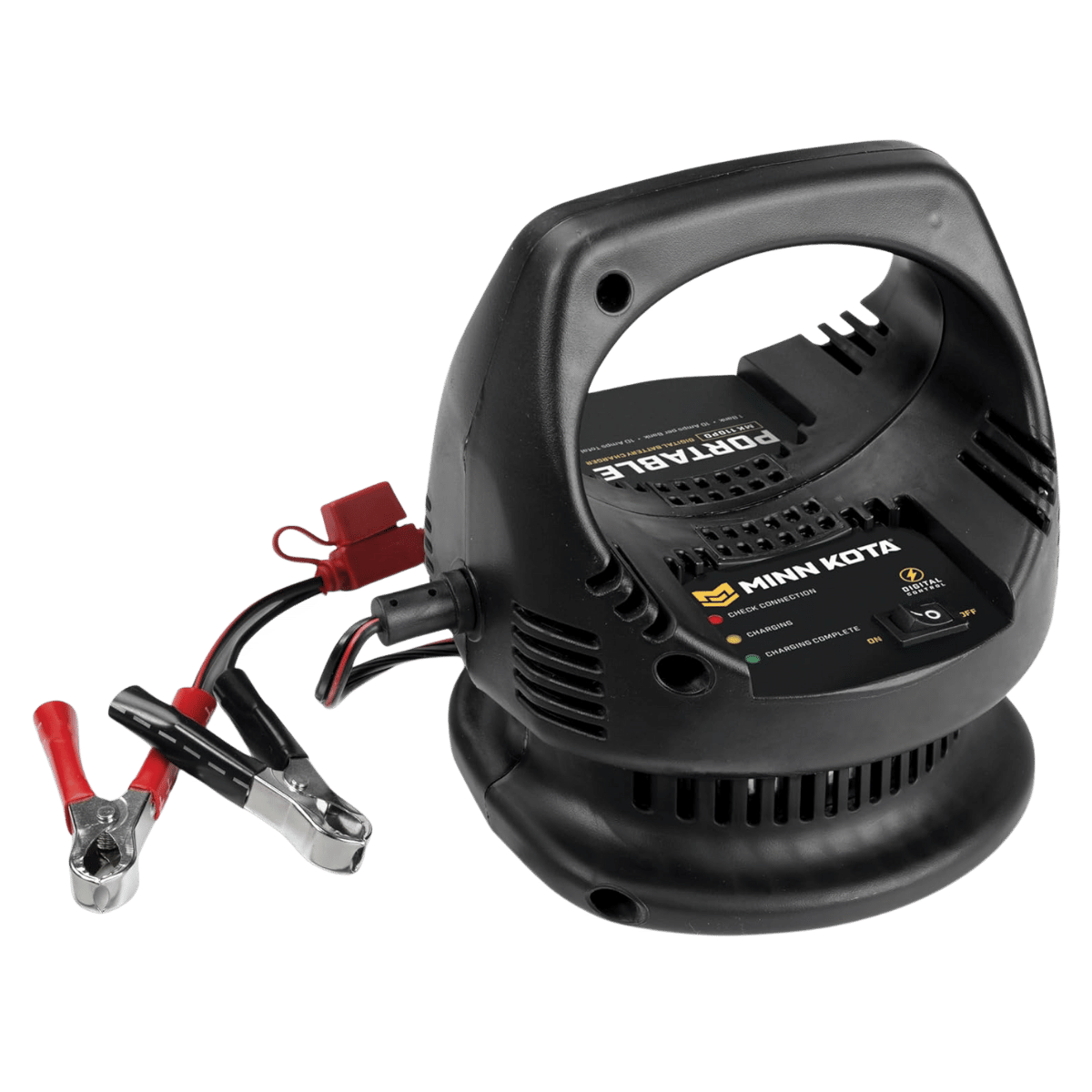 MINNKOTA 110 PORTABLE DIGITAL MARINE BATTERY CHARGER FRONT RIGHT SIDE VIEW