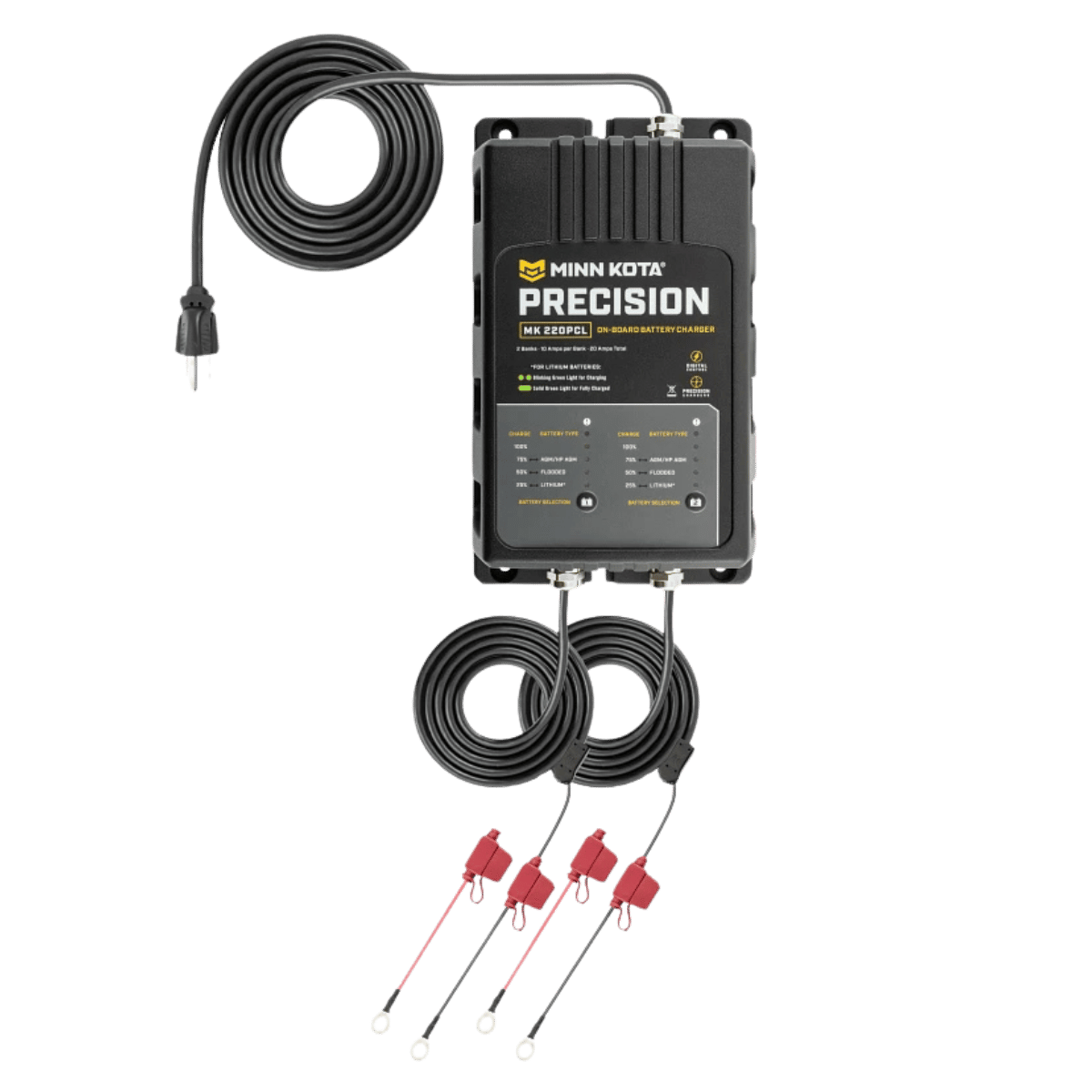 MINNKOTA MK-220 PRECISION PCL 2 BANKS 10 AMPS FRONT VIEW WITH WIRES