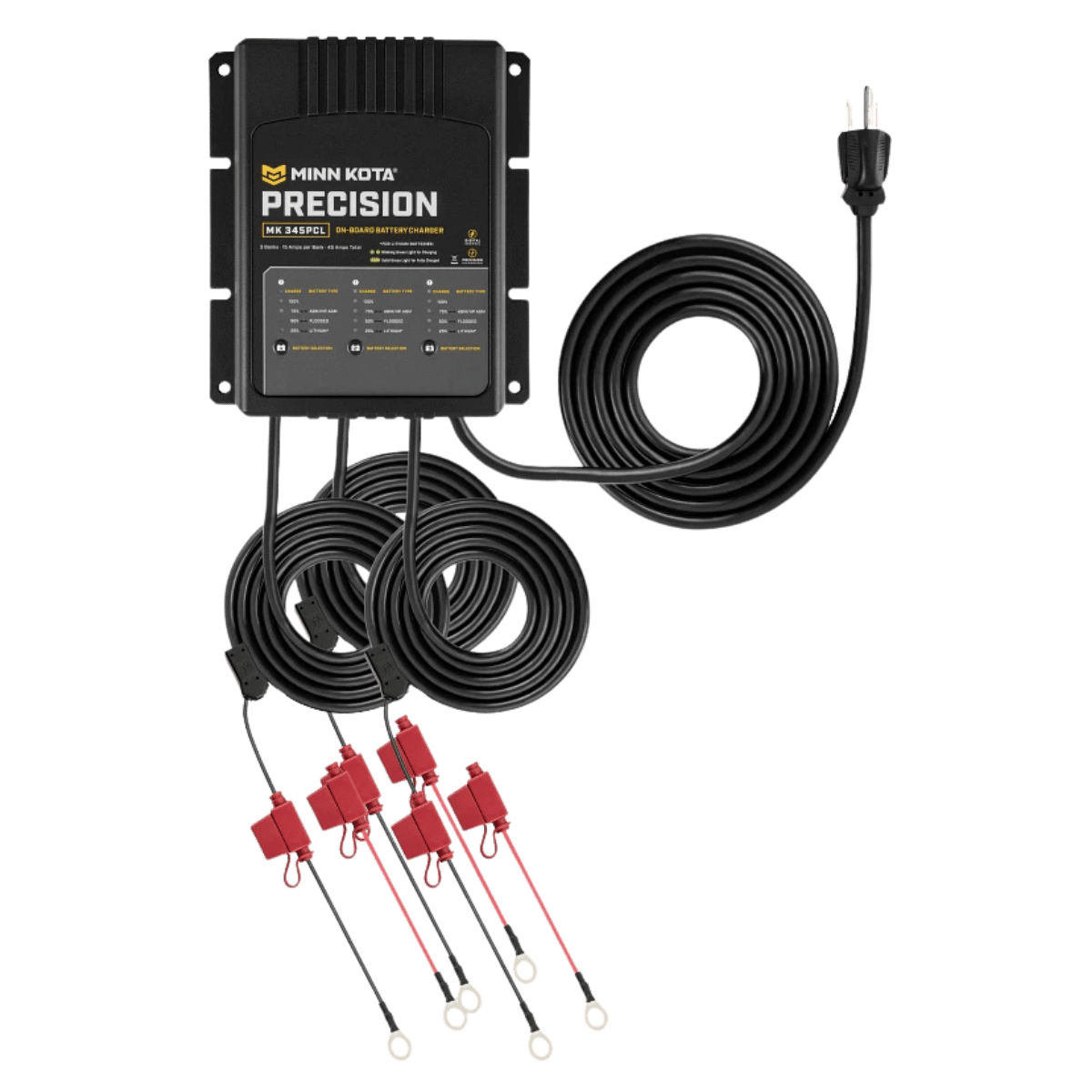 MINNKOTA MK-345 PRECISION PCL 3 BANKS 15 AMPS FRONT VIEW WITH CABLES