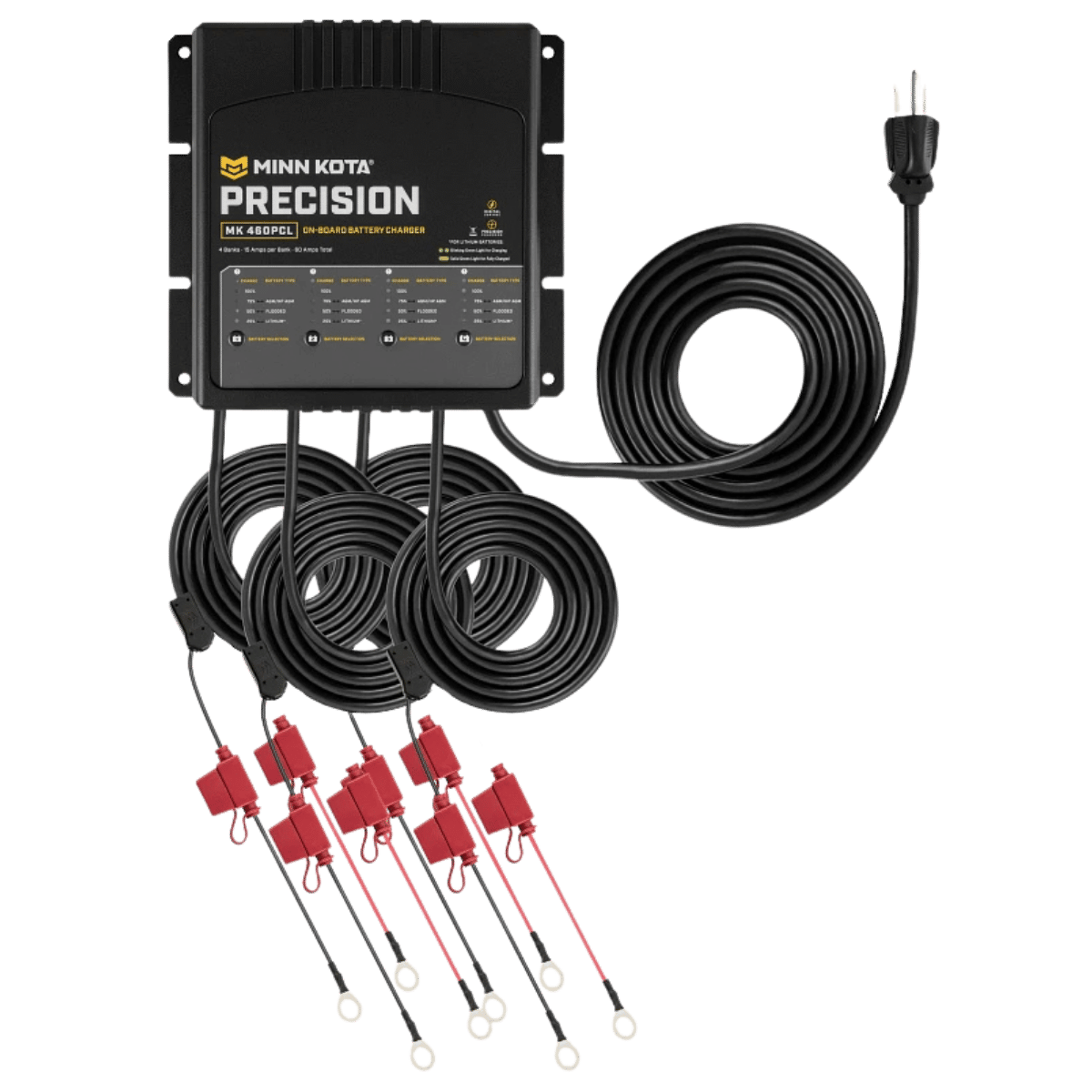 MINNKOTA MK-460 PRECISION PCL 4 BANK 15 AMP FRONT VIEW WITH CABLES