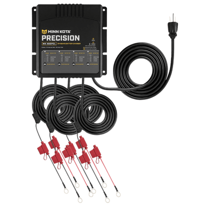 MINNKOTA MK-460 PRECISION PCL 4 BANK 15 AMP FRONT VIEW WITH CABLES