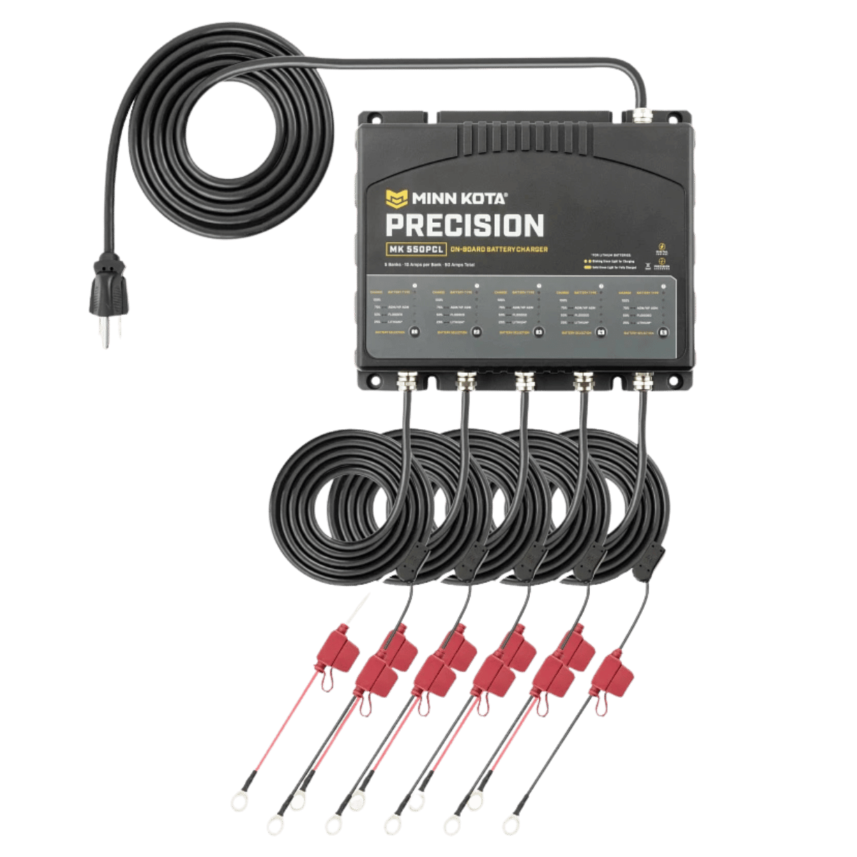 MINNKOTA MK-550PCL CHARGER 5 BANK X 10 AMPS FRONT VIEW WITH WIRE