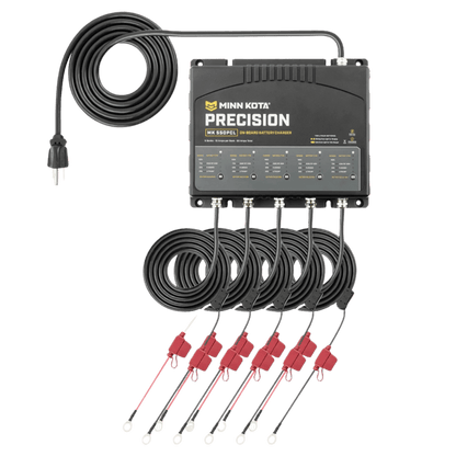 MINNKOTA MK-550PCL CHARGER 5 BANK X 10 AMPS FRONT VIEW WITH WIRE