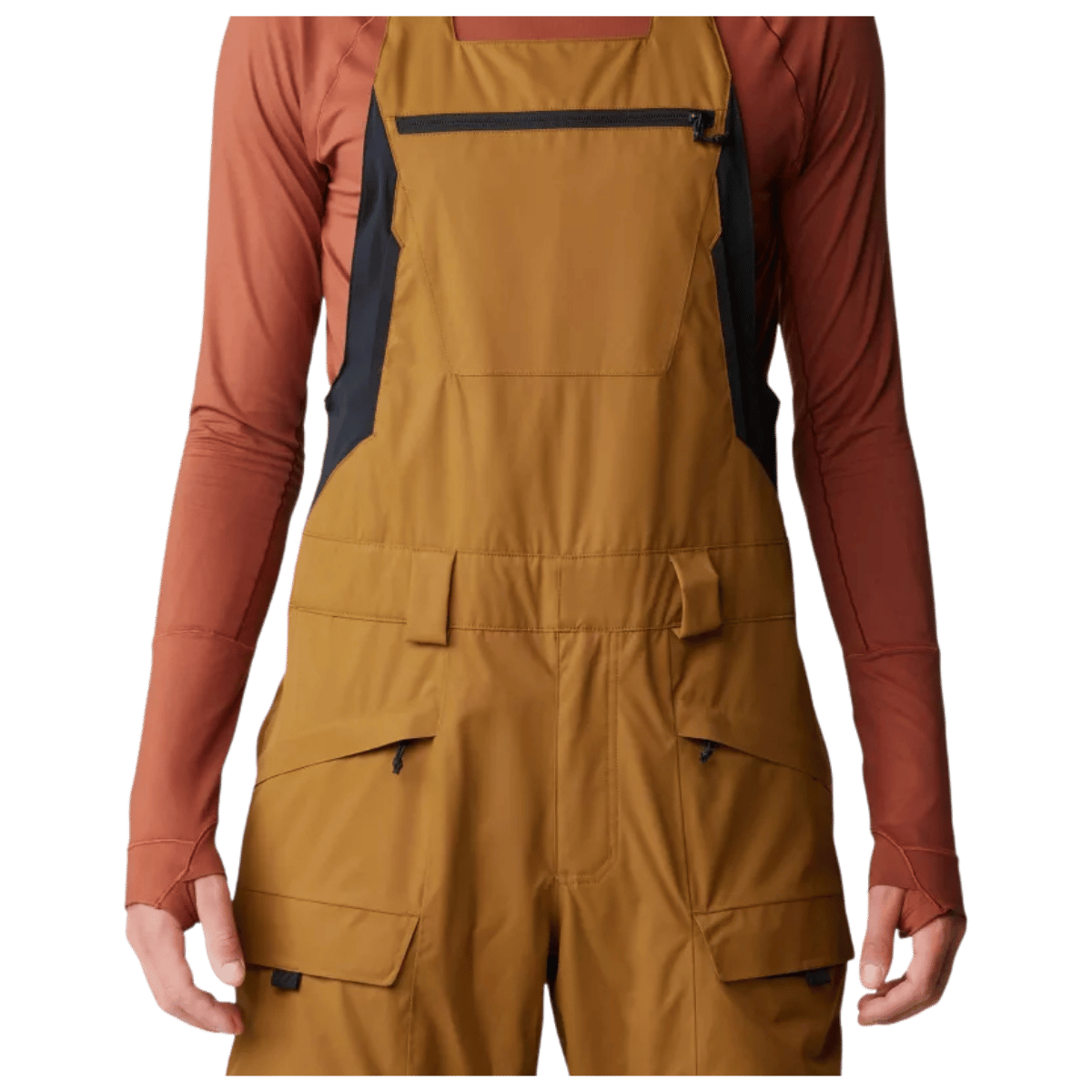 MOUNTAIN HARDWEAR FIREFALL BIB - GOLDEN BROWN - CLOSE-UP FRONT VIEW