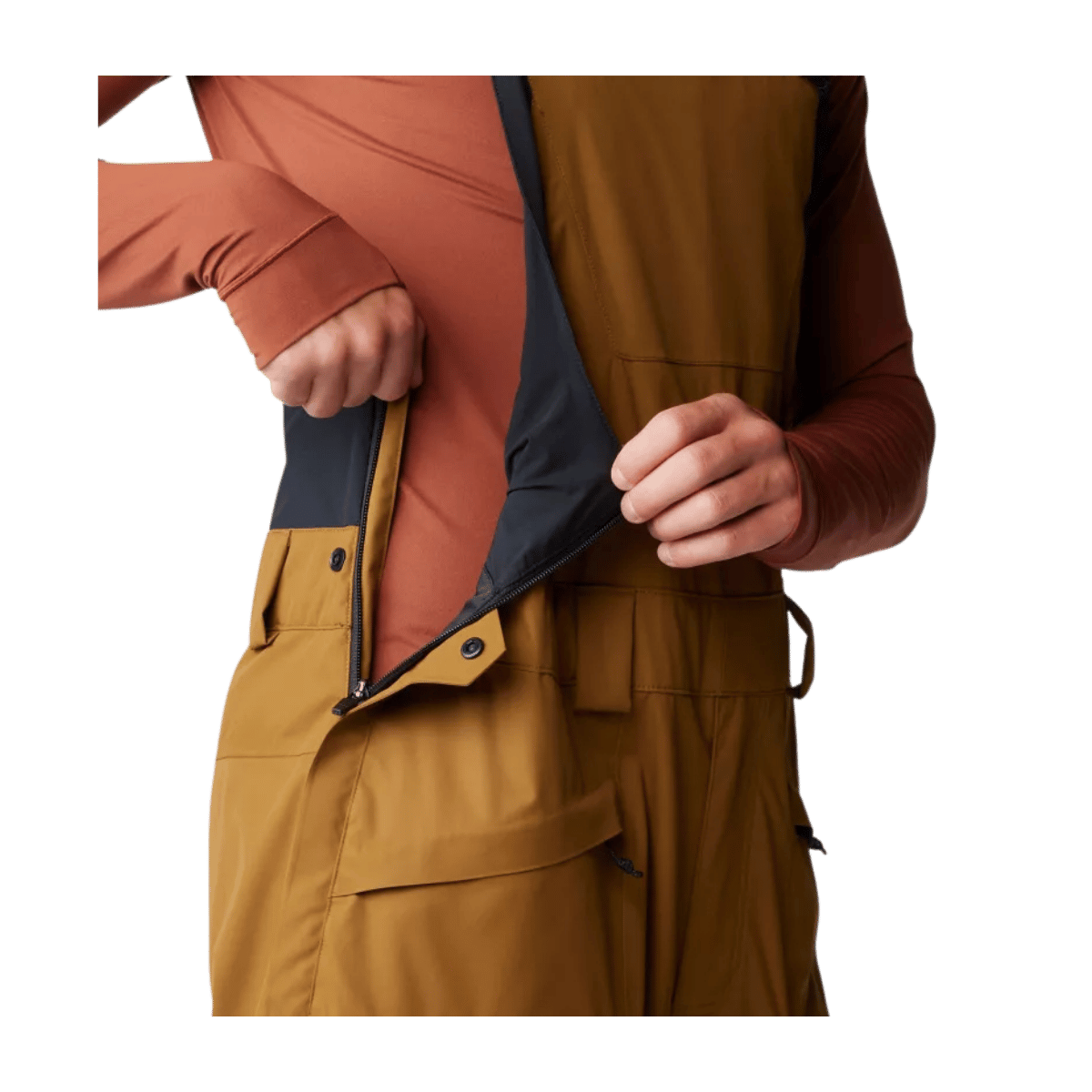 MOUNTAIN HARDWEAR MEN'S FIREFALL BIB - GOLDEN BROWN - ZIPPER VIEW