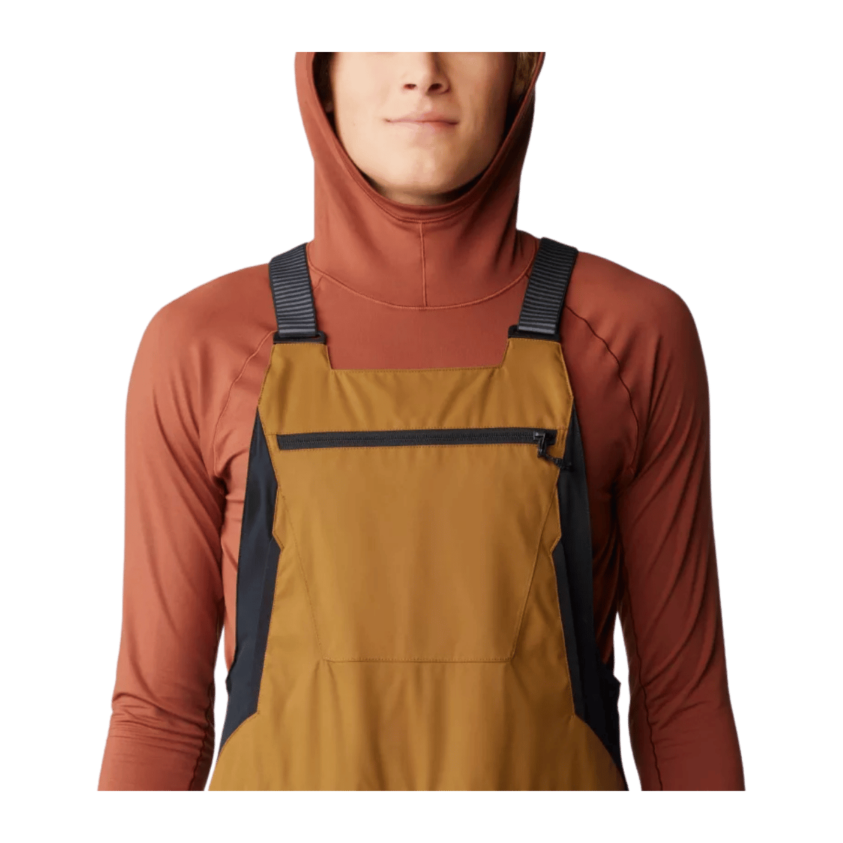 MOUNTAIN HARDWEAR MEN'S FIREFALL BIB - GOLDEN BROWN - CLOSE-UP VIEW