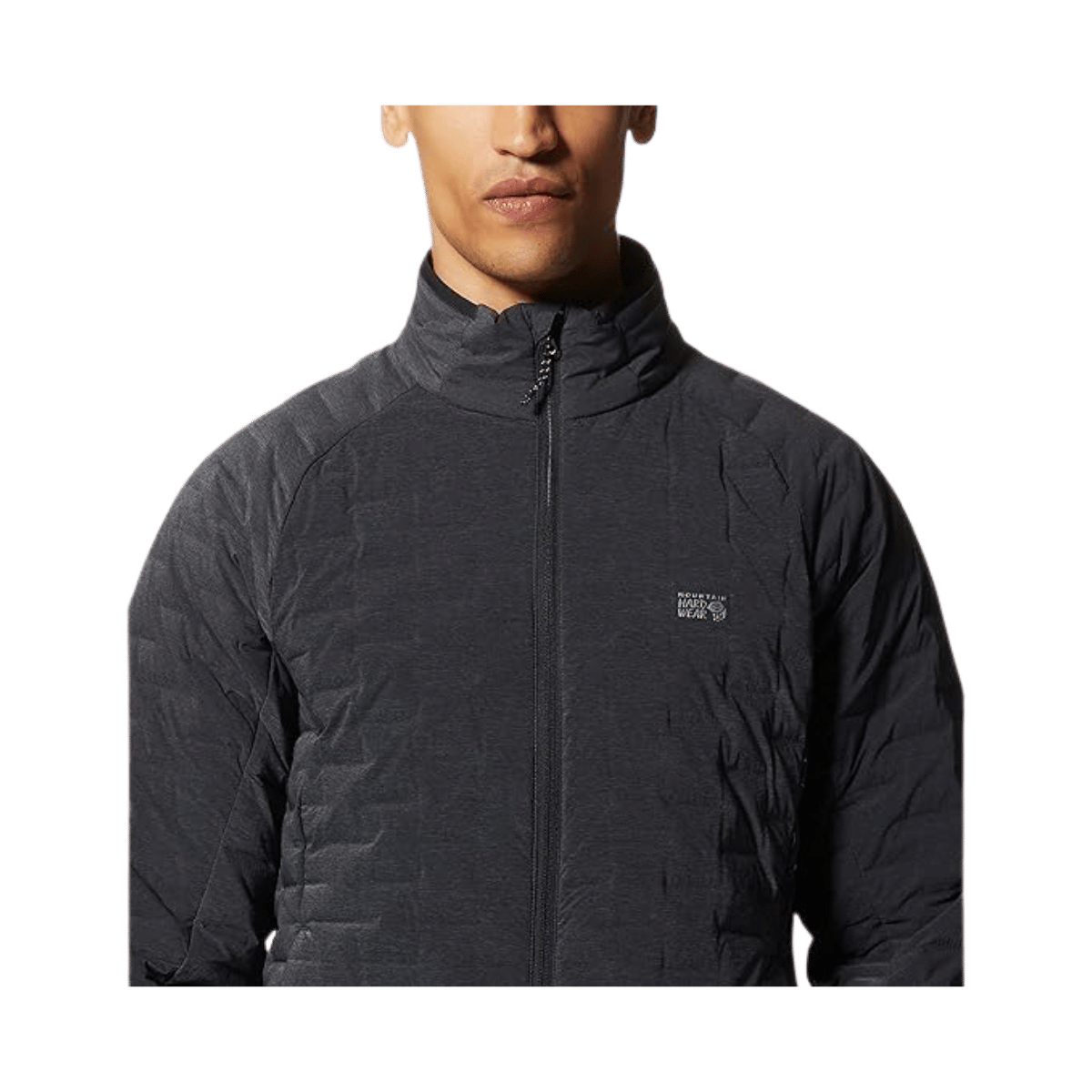 MOUNTAIN HARDWEAR MEN'S STRETCHDOWN JACKET - DARK STORM HEATHER - CLOSE-UP VIEW