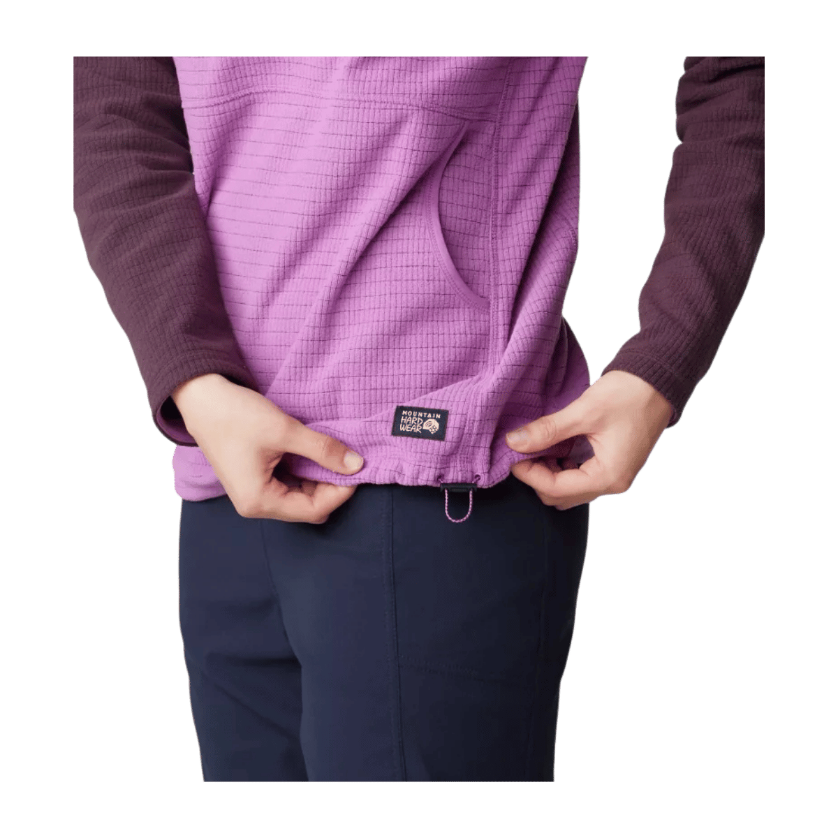 MOUNTAIN HARDWEAR WOMEN'S SUMMIT GRID TUNIC HOODY - LILAC GLOW - CLOSE-UP VIEW