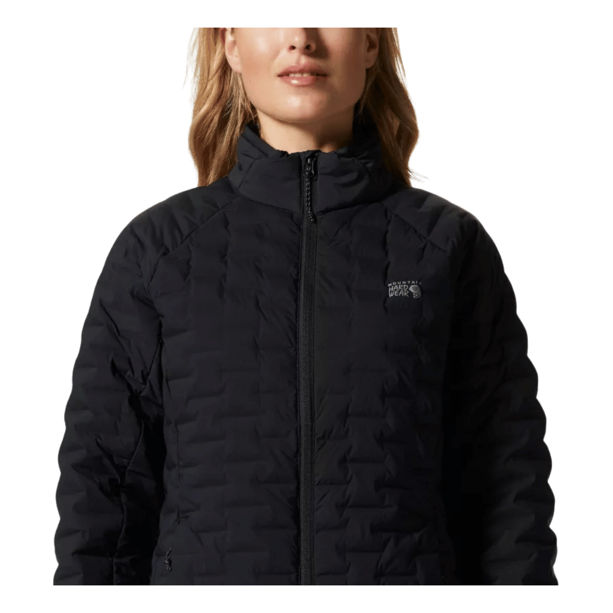 MOUNTAIN HARDWEAR WOMEN'S STRETCHDOWN LIGHT JACKET - BLACK - CLOSE-UP VIEW