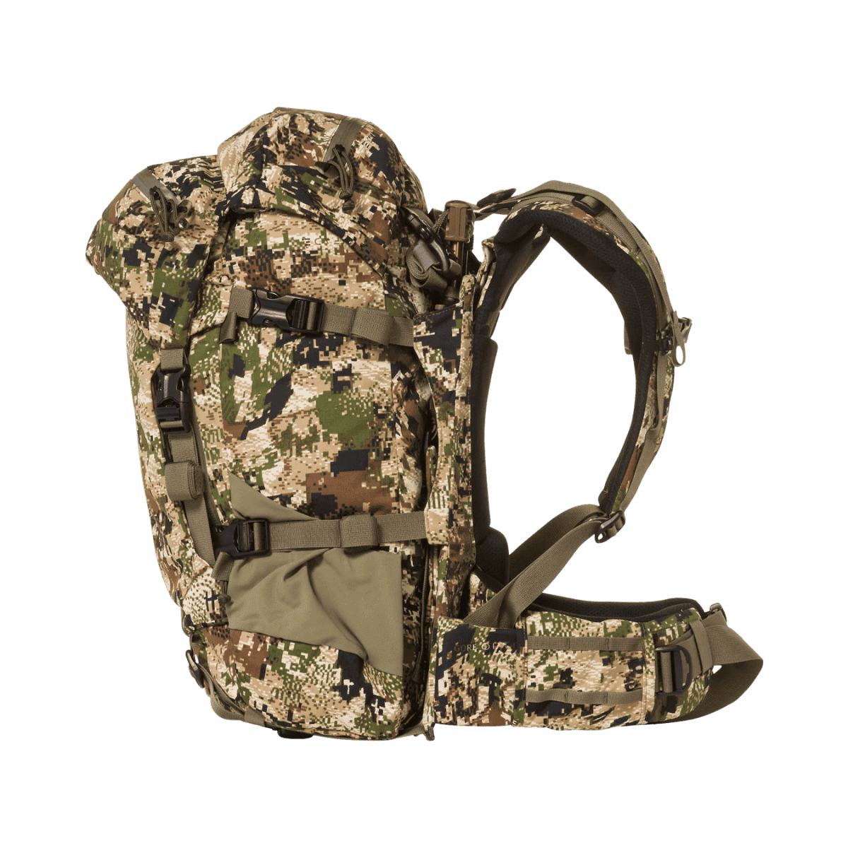 MYSTERY RANCH POP UP 38 BACKPACK - LG - OPTIFADE SUBALPINE - SIDE VIEW