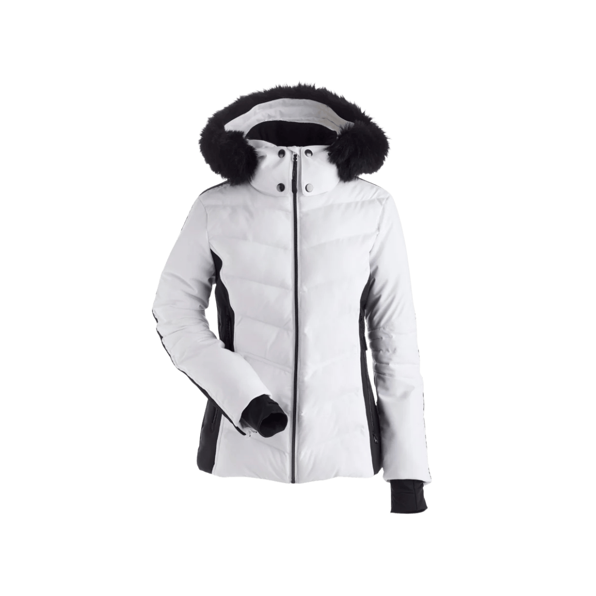 NILS WOMEN'S COURCHEVEL FAUX FUR INSULATED SKI JACKET - WHITE/BLACK - FRONT VIEW