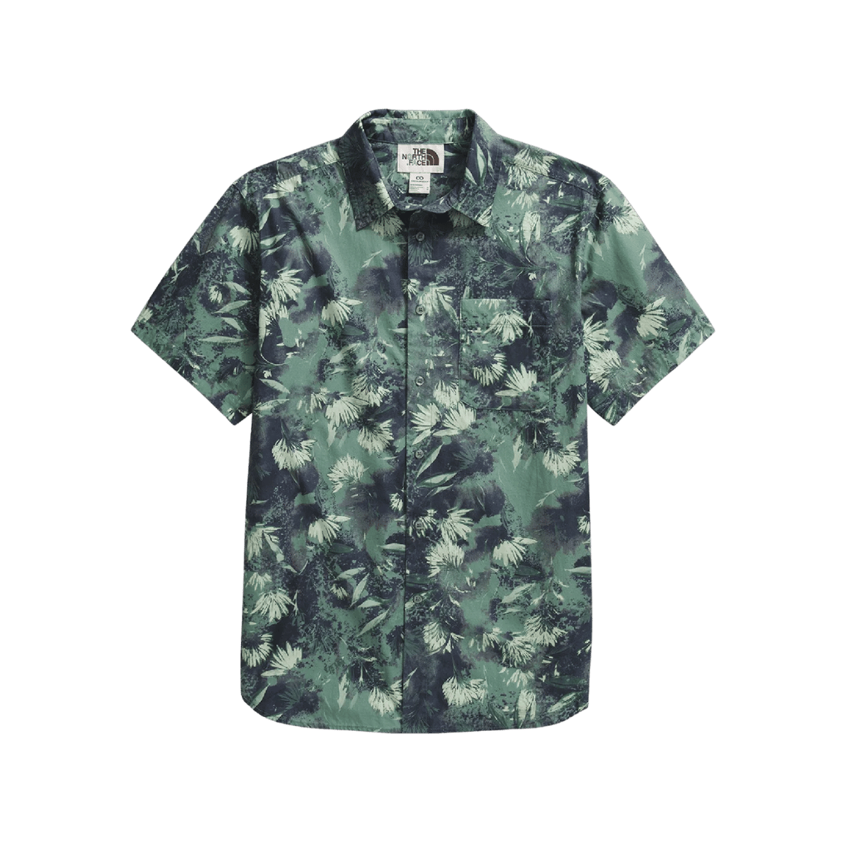 NORTH FACE MEN'S BAYTRAIL SHORT SLEEVE PATTERN SHIRT - DUCK GREEN/PRAIRIE FLOWERS, FRONT ANGLE, MD, LG, XL