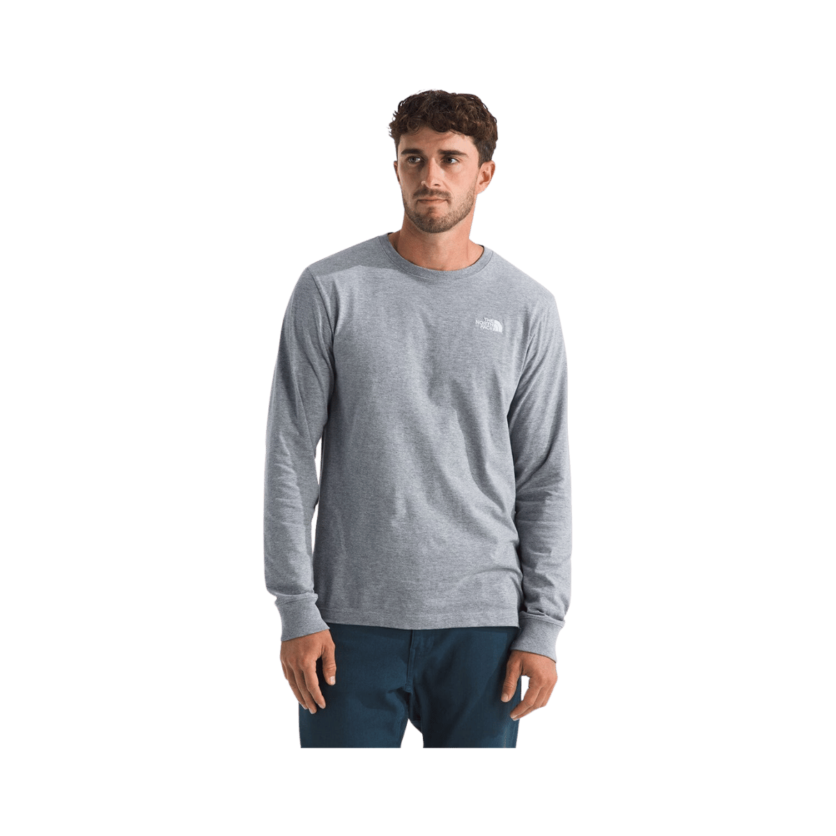 NORTH FACE MEN'S EVOLUTION LONG SLEEVE TEE - PALE GREY HEATHER, FRONT ANGLE, SM, MD, LG, XL, XXL