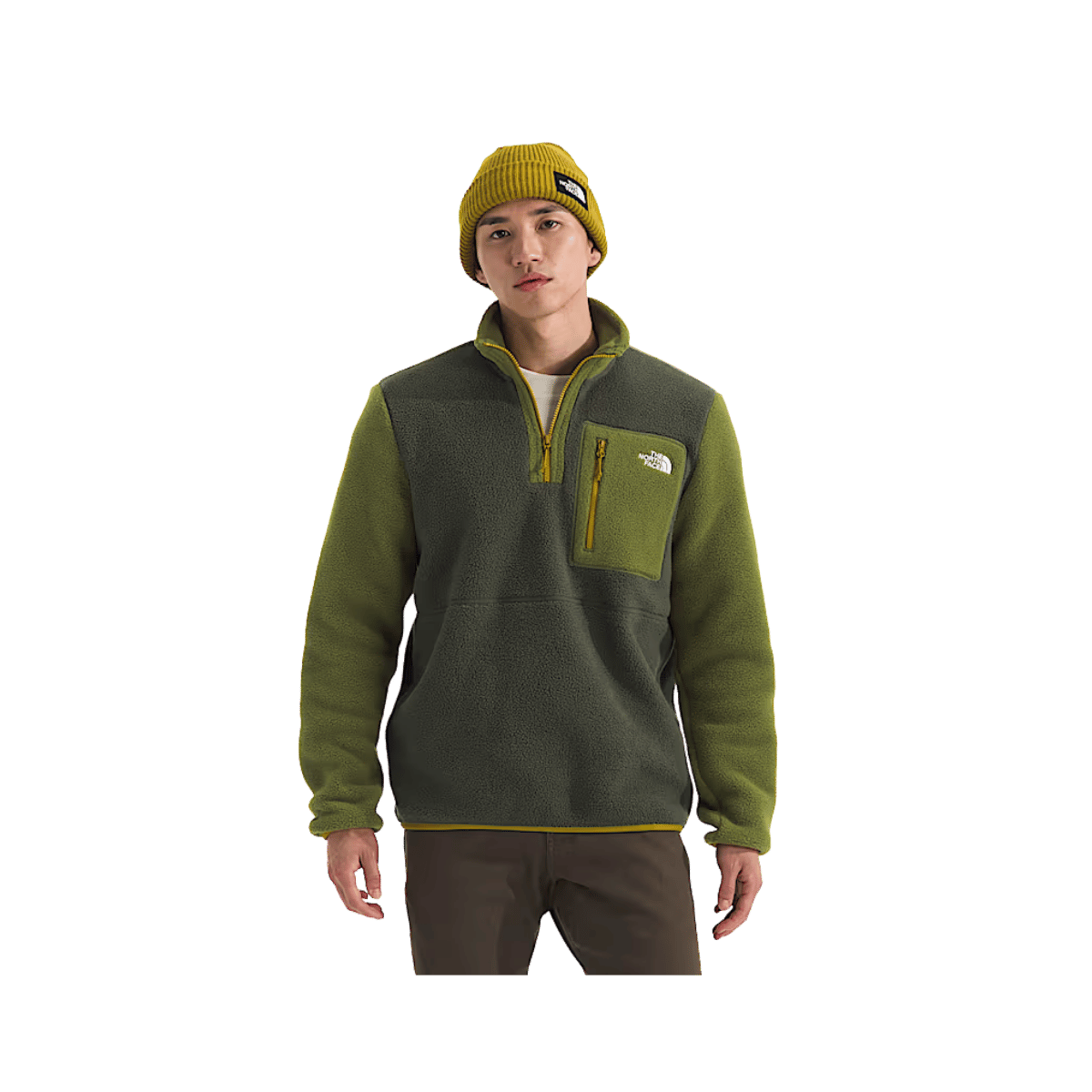 NORTH FACE MEN'S YUMIORI 1/4 ZIP - TAUPE GREEN/ WOODLAND GREEN/DEEP DIJON, FRONT ANGLE, SM, MD, LG, XL, XXL