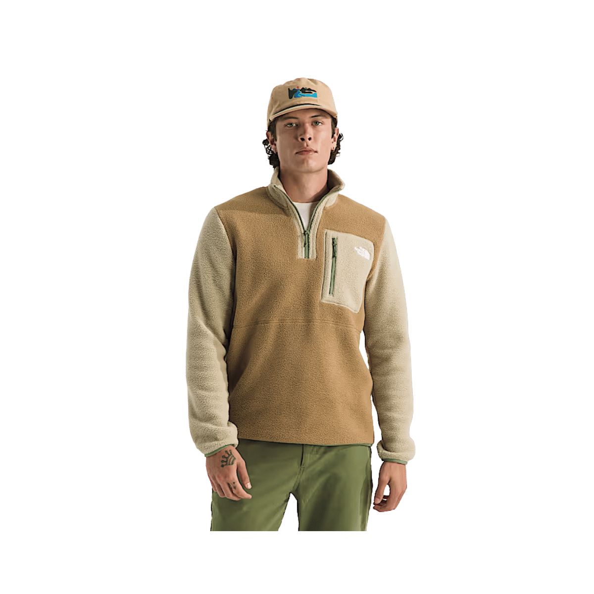 NORTH FACE MEN'S YUMIORI 1/4 ZIP - UTILITY BROWN/KHAKI STONE/BARK MIST, FRONT ANGLE, SM, MD, LG, XL, XXL