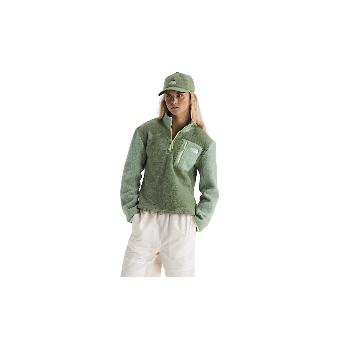 NORTH FACE WOMEN'S YUMIORI 1/4 ZIP - BARK MIST/SLATE MOSS/ASTRO LIME, FRONT ANGLE, SM, MD, LG, XL