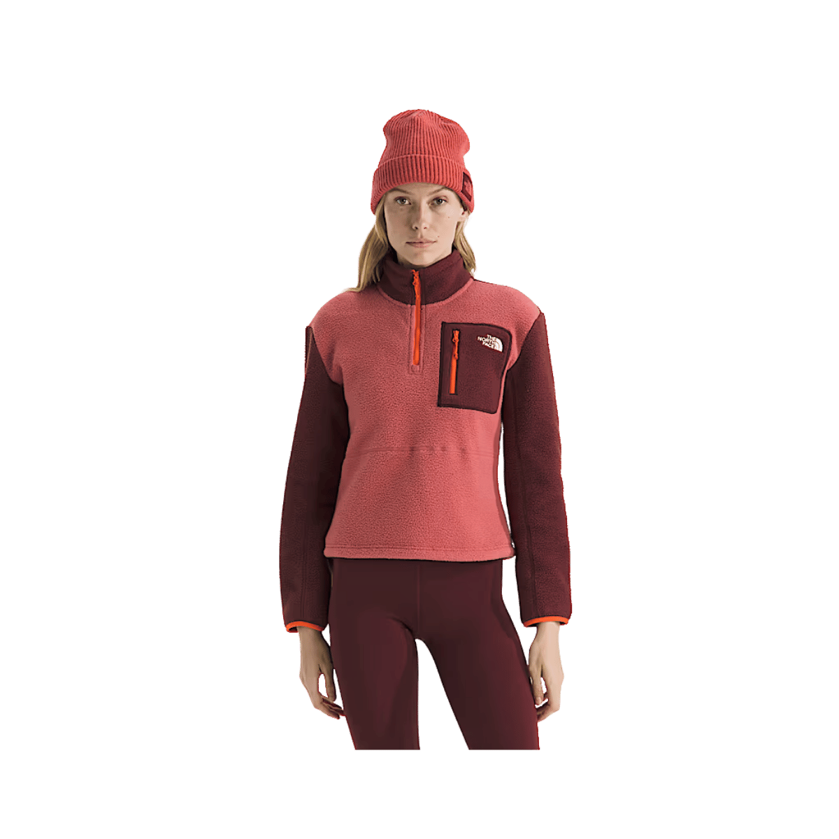 NORTH FACE WOMEN'S YUMIORI 1/4 ZIP - MARS DUST/SUMAC/SOLAR FLARE, FRONT ANGLE, SM, MD, LG, XL