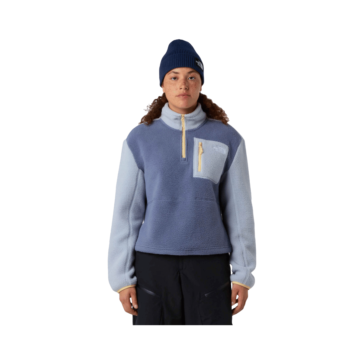 NORTH FACE WOMEN'S YUMIORI 1/4 ZIP - TWILIGHT GALAXY/BLUE FLAX/MINERAL SALT, FRONT ANGLE, SM, MD, LG, XL