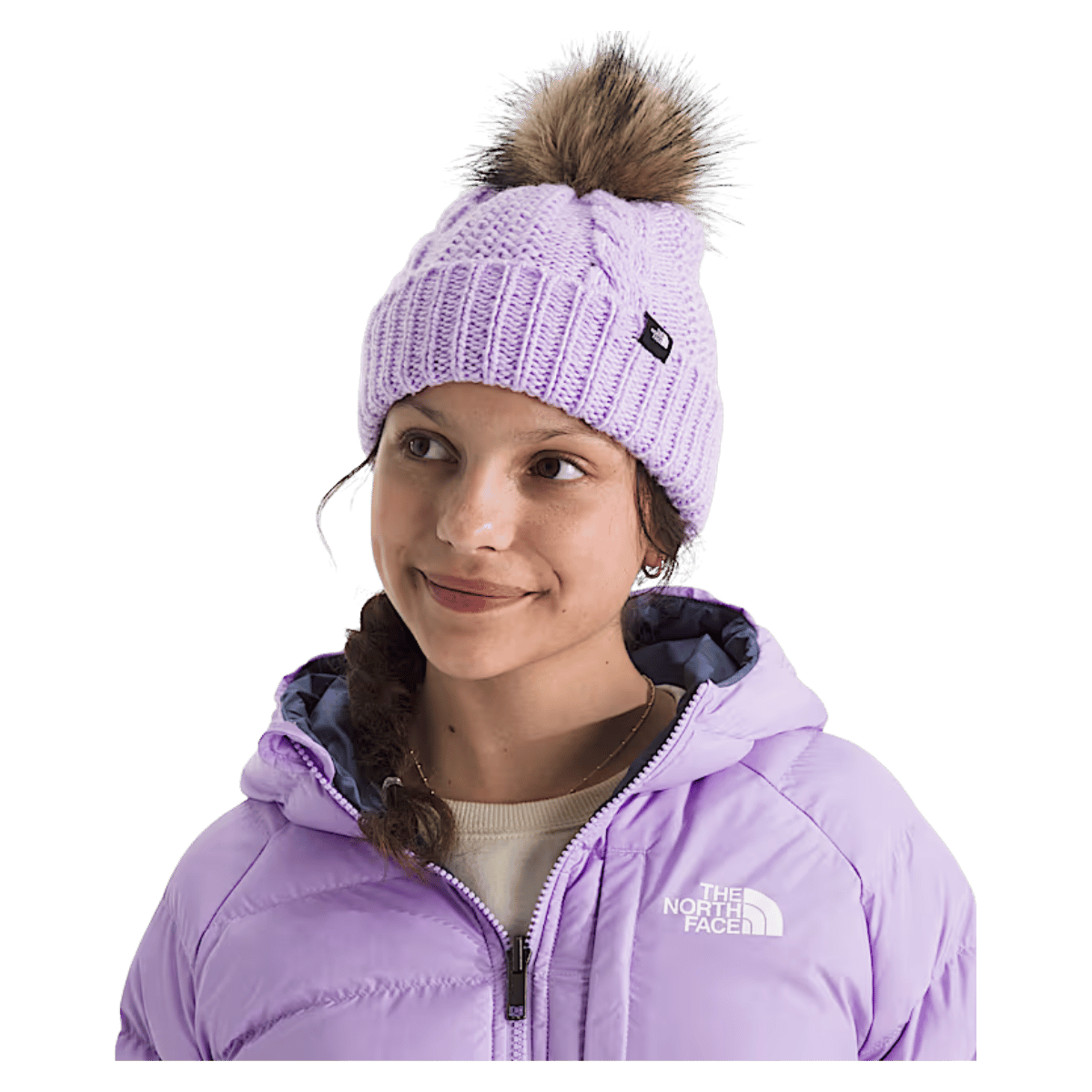 NORTHFACE KIDS OH MEGA OVERSIZED FUR POM BEANIE - LITE LILAC - SIDE VIEW WW