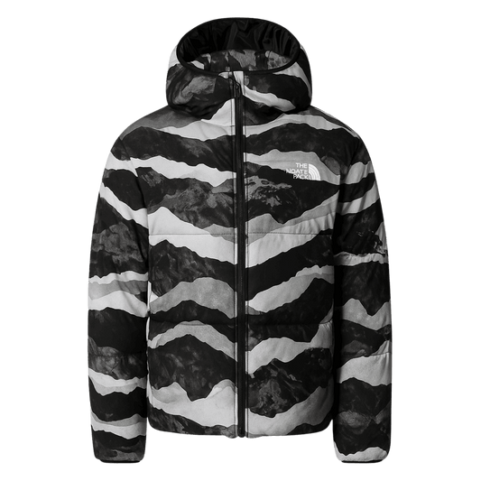 NORTHFACE BOYS REVERSIBLE NORTH DOWN HOODED JACKET - TNF BLACK MOUNTAIN - FRONT VIEW