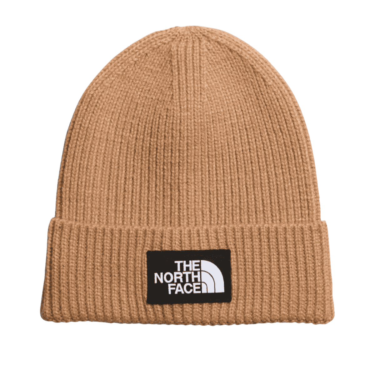 NORTHFACE LOGO BOX CUFFED RIB KNIT BEANIE -  ALMOND BUTTER