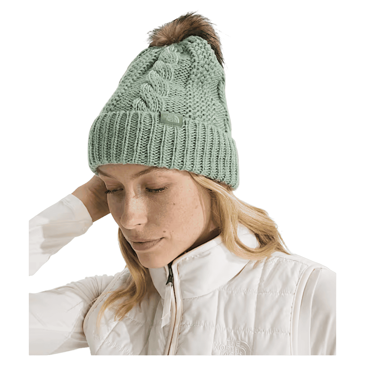 NORTHFACE WOMEN'S OVERSIZED OH MEGA FUR POM BEANIE - SLATE MOSS - SIDE VIEW WW