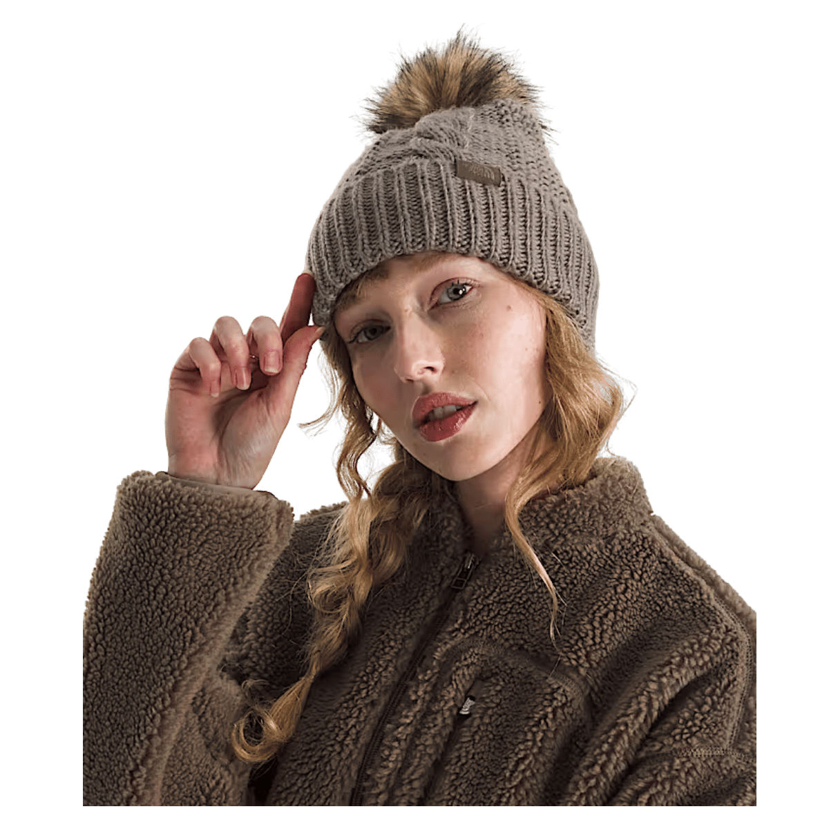 NORTHFACE WOMEN OH MEGA OVERSIZED FUR POM LINED BEANIE - MOCHA BROWN - FRONT VIEW WW