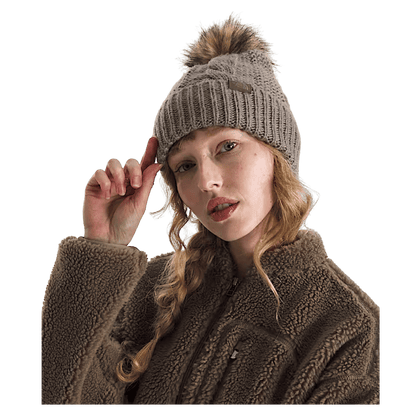 NORTHFACE WOMEN OH MEGA OVERSIZED FUR POM LINED BEANIE - MOCHA BROWN - FRONT VIEW WW