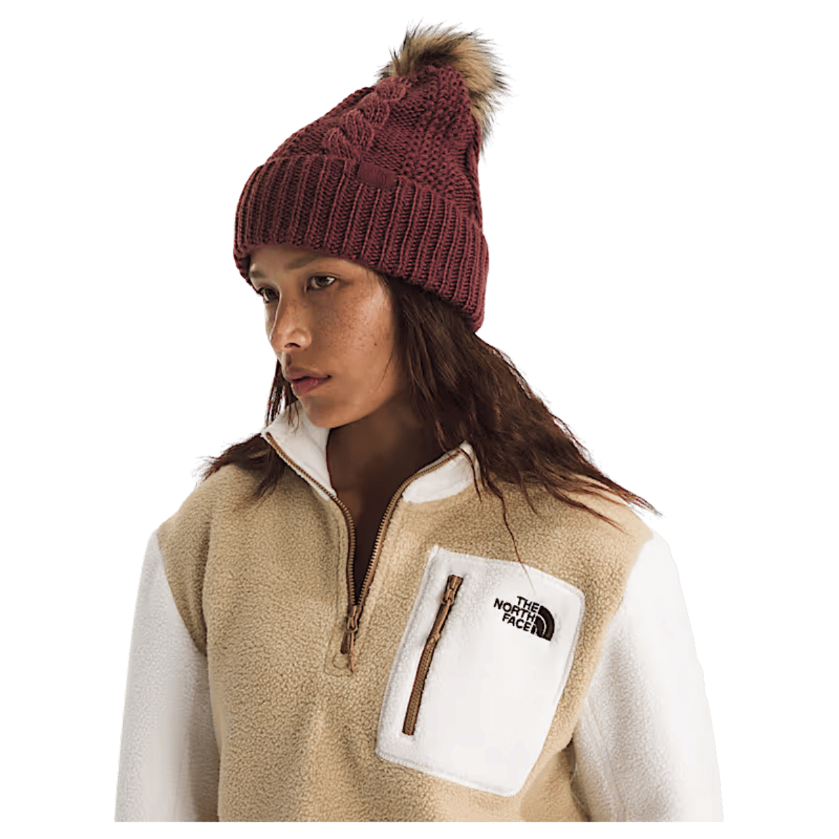 NORTHFACE WOMEN OH MEGA OVERSIZED FUR POM BEANIE - SUMAC - SIDE VIEW WW