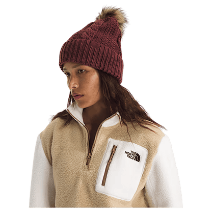NORTHFACE WOMEN OH MEGA OVERSIZED FUR POM BEANIE - SUMAC - SIDE VIEW WW