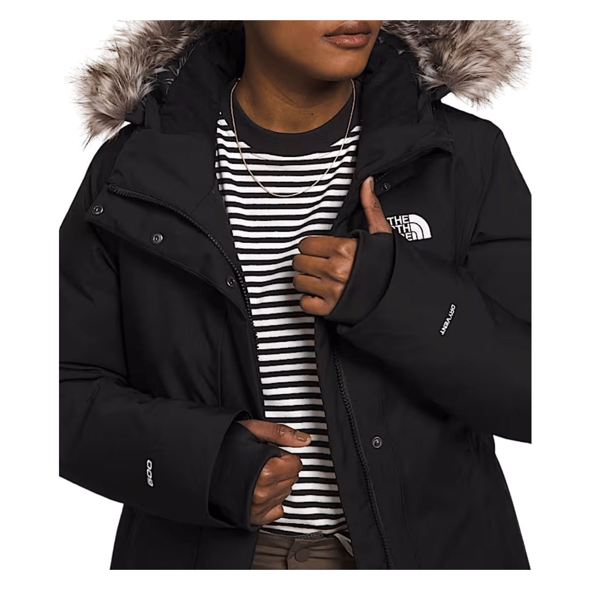 NORTHFACE WOMEN ARCTIC PARKA EVERYDAY JACKET - TNF BLK - FRONT INSIDE ZOOM VIEW WW