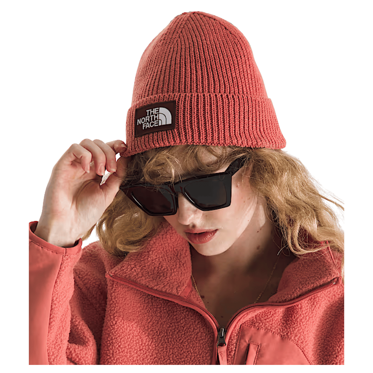 NORTHFACE TNF LOGO BOX CUFFED BEANIE - MARS DUST SUMAC - SIDE VIEW WW