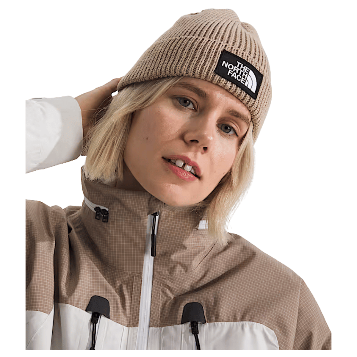 NORTHFACE TNF LOGO BOX CUFFED BEANIE - MUSHROOM GREY - FRONT VIEW WW