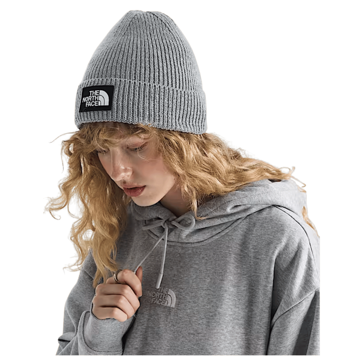NORTHFACE TNF LOGO BOX CUFFED BEANIE - TNF MED GRY HTHR - SIDE VIEW WW