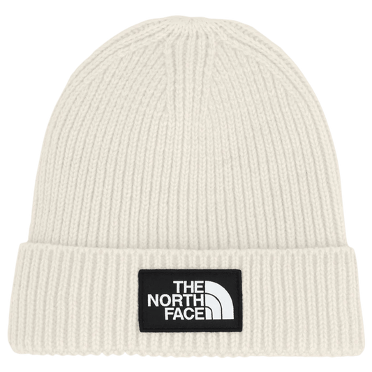 NORTHFACE KIDS TNF LOGO BOX CUFFED BEANIE - WHITE DUNE - FRONT VIEW