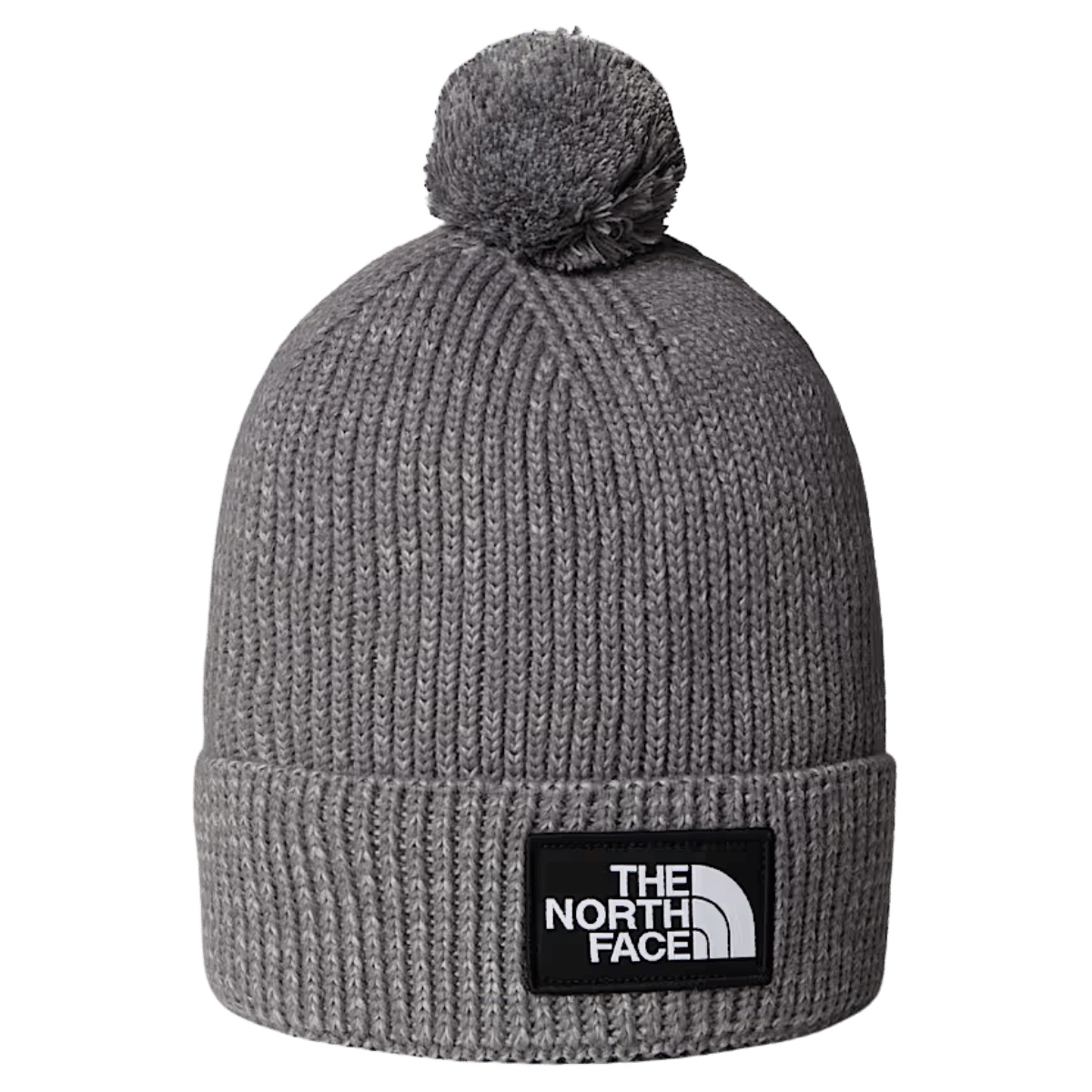 NORTHFACE TNF LOGO BOX REMOVABLE POM BEANIE - TNF MED GRY HTHR - FRONT VIEW 
