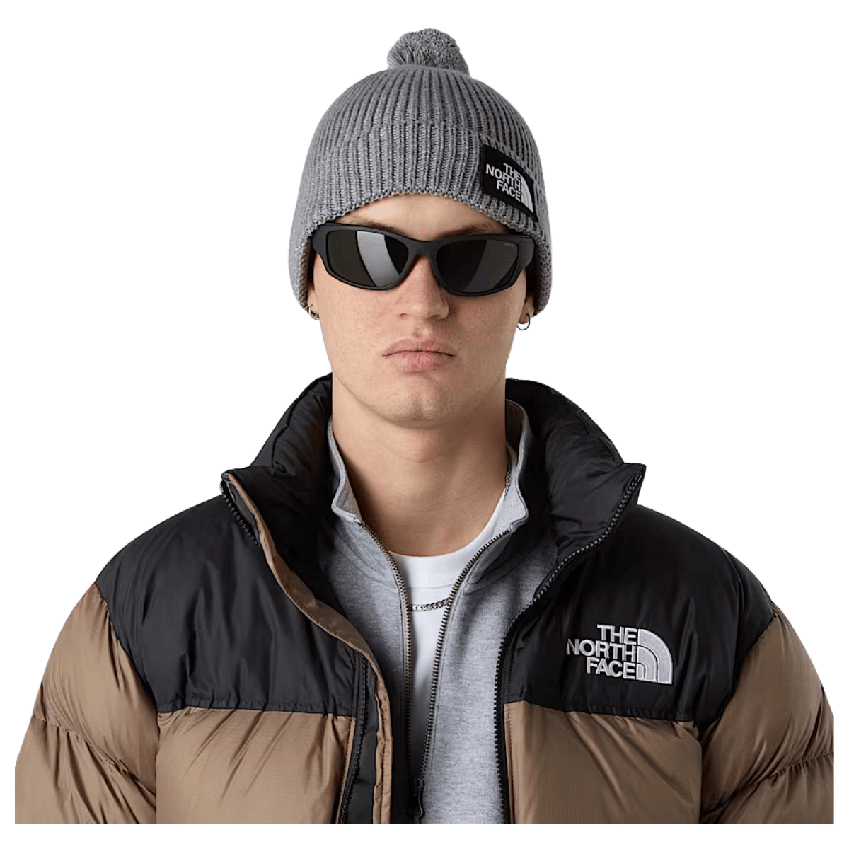 NORTHFACE TNF LOGO BOX REMOVABLE POM BEANIE - TNF MED GRY HTHR - FRONT VIEW WW