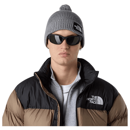 NORTHFACE TNF LOGO BOX REMOVABLE POM BEANIE - TNF MED GRY HTHR - FRONT VIEW WW
