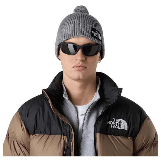 NORTHFACE TNF LOGO BOX REMOVABLE POM BEANIE - TNF MED GRY HTHR - FRONT VIEW WW