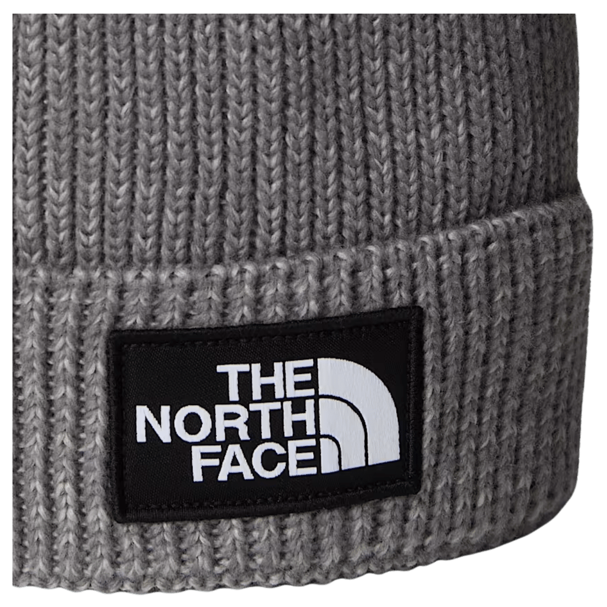 NORTHFACE TNF LOGO BOX REMOVABLE POM BEANIE - TNF MED GRY HTHR - FRONT LOGO VIEW 