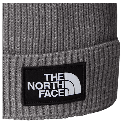 NORTHFACE TNF LOGO BOX REMOVABLE POM BEANIE - TNF MED GRY HTHR - FRONT LOGO VIEW 