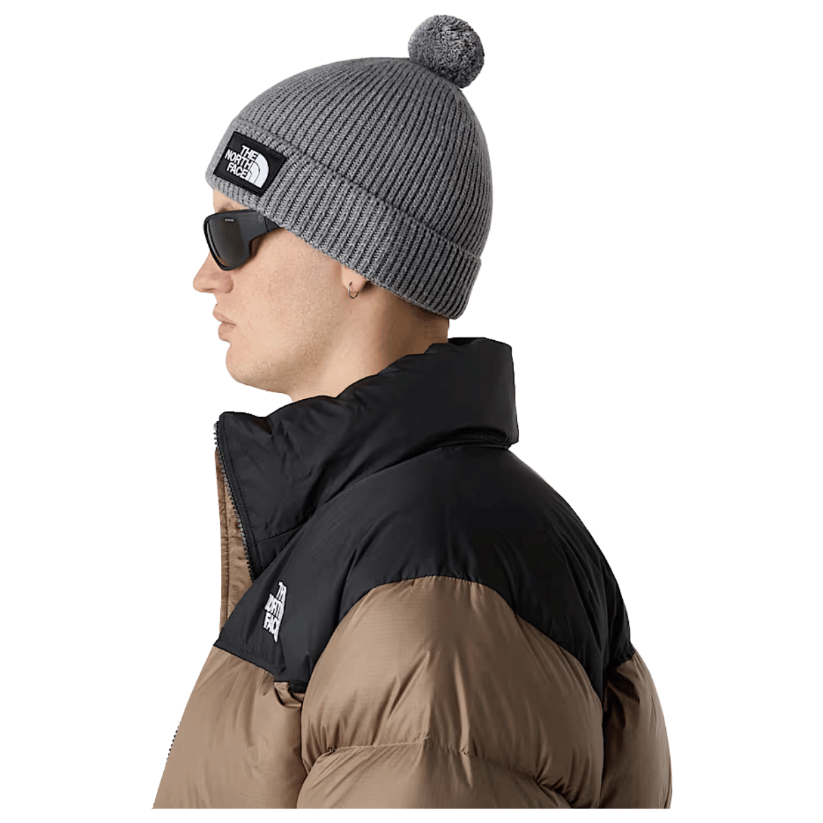 NORTHFACE TNF LOGO BOX REMOVABLE POM BEANIE - TNF MED GRY HTHR - SIDE VIEW WW