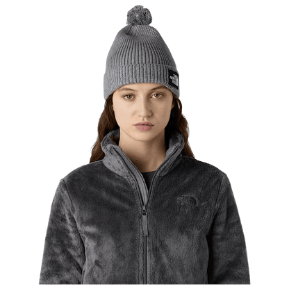 NORTHFACE TNF LOGO BOX REMOVABLE POM BEANIE - TNF MED GRY HTHR - FRONT VIEW WOMEN WW