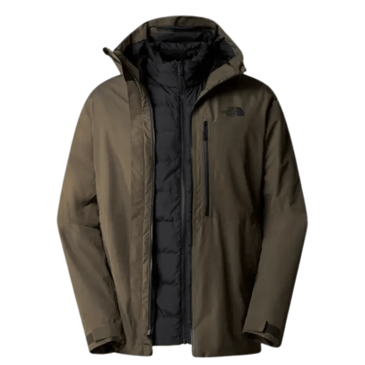 NORTHFACE MEN'S NORTH TABLE DOWN TRICLIMATE JACKET - NEW TAUPE GREEN - FRONT VIEW - FRONT AND INNER VIEW