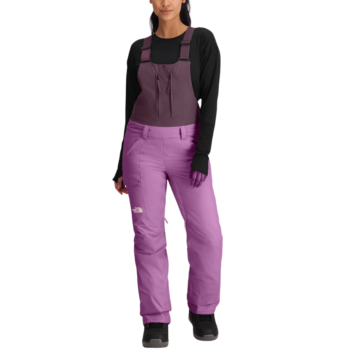 NORTHFACE WOMEN'S FREEDOM INSULATED BIB - MIDNIGHT MAUVE WW FRONT view with model