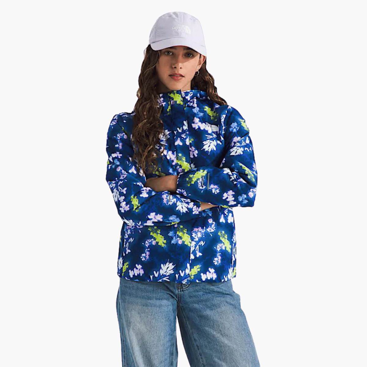 NORTHFACE GIRL'S ANTORA RAIN JACKET - BLUE FLORAL PRINT WW FRONT