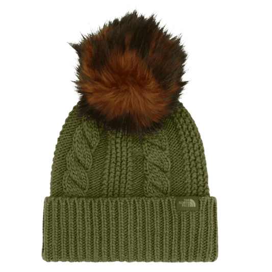 NORTHFACE WOMEN'S OH MEGA FUR POM BEANIE - FOREST OLIVE FRONT
